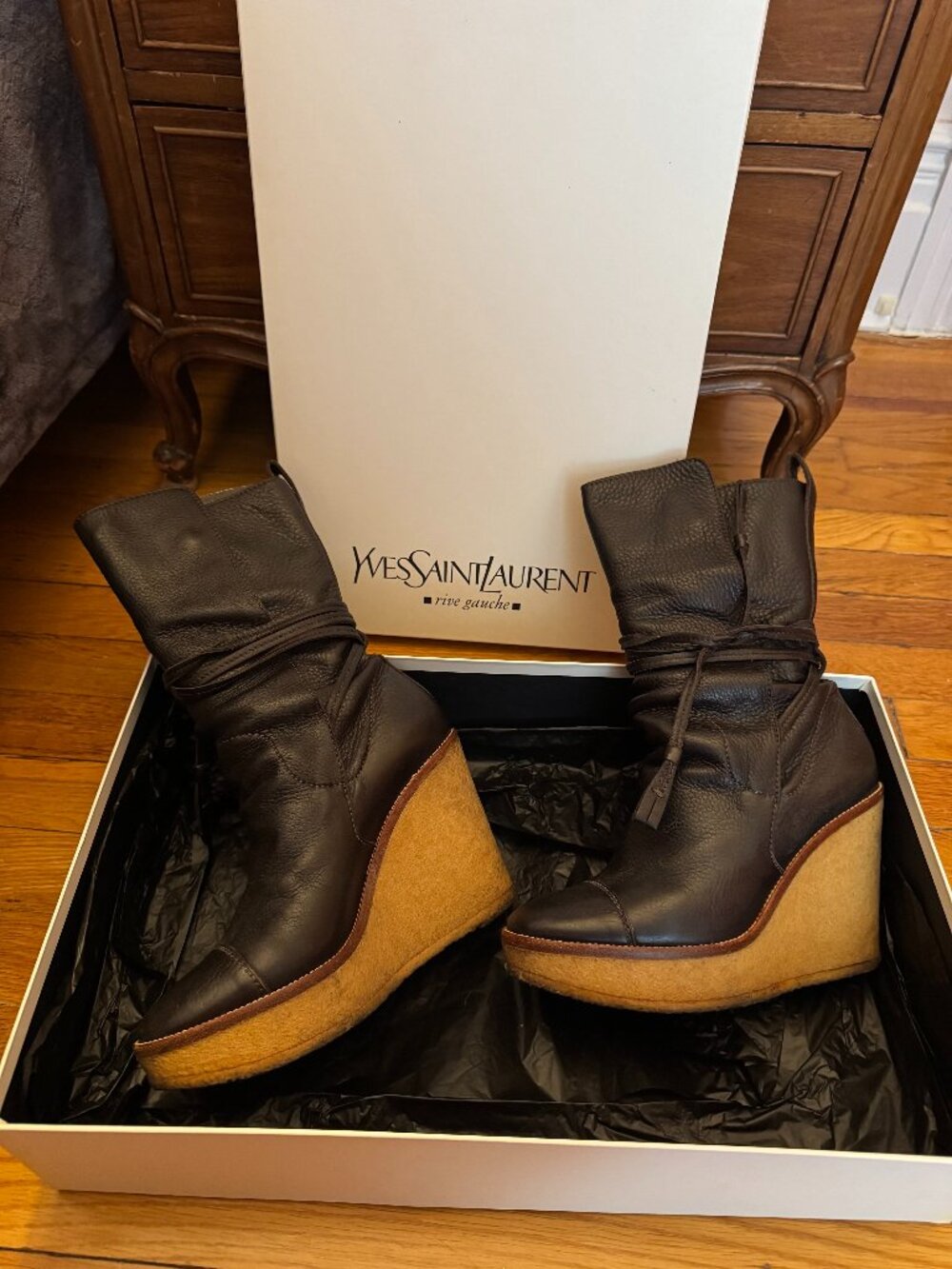 YSL - Dark Brown Leather Boots Wedge Heel, Mid-calf +Straps + Snap closure, S.38